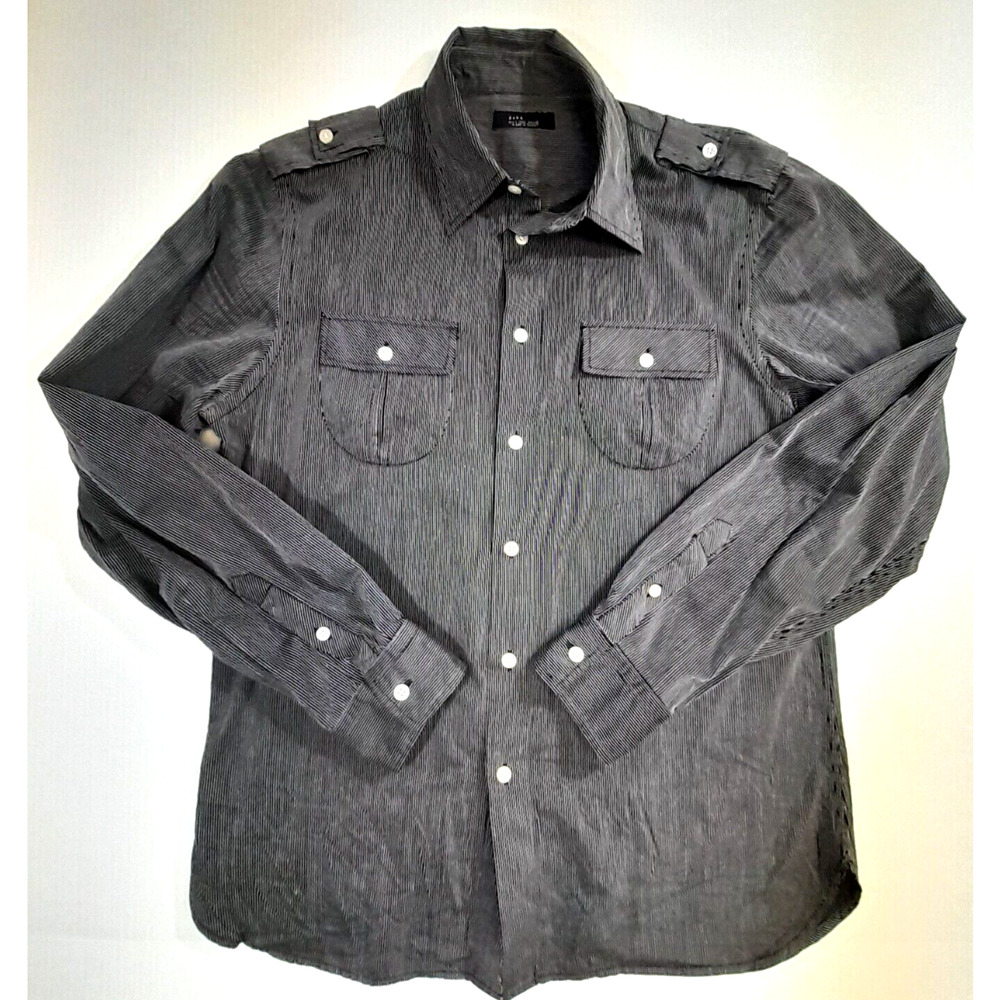Zara Men’s Medium Gray Black Stripe Long Sleeve Button Up Shirt Good Used
